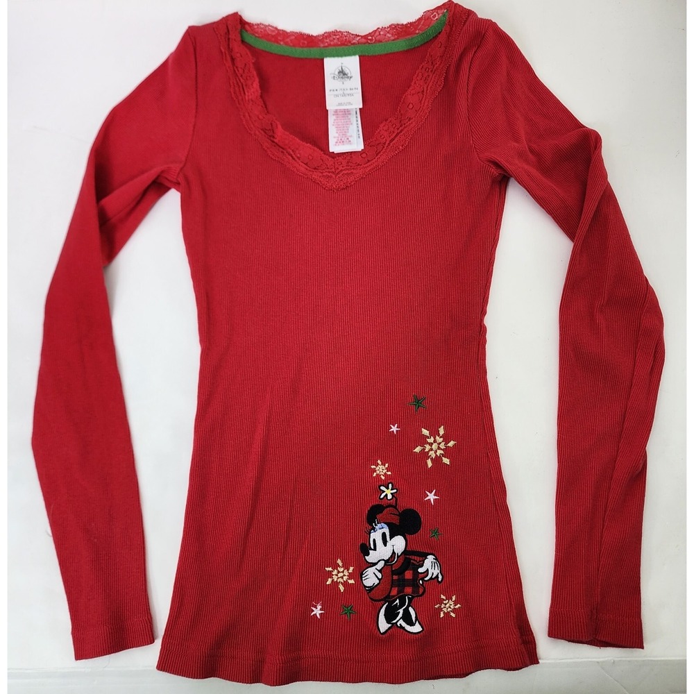 Disney Store Minnie Embroidered‎ Shirt Womans Size Small Red Longsleeve V Neck